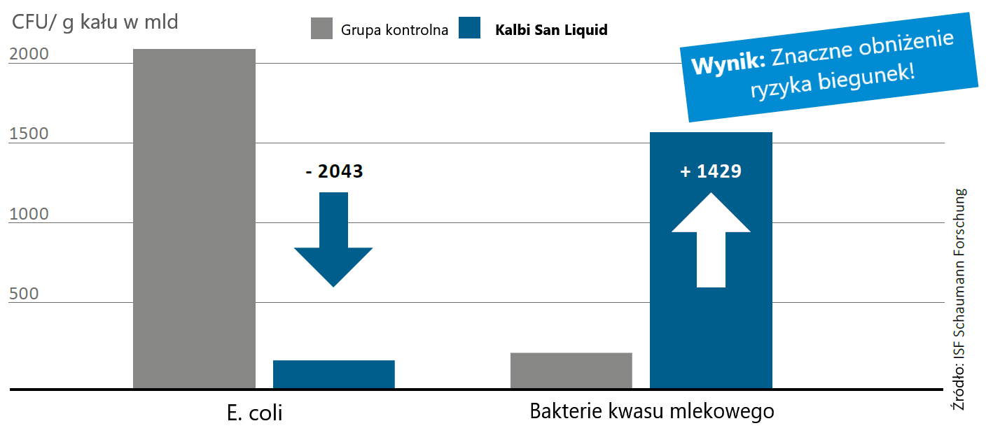 TBadania praktyczne w centrum Gut Hülsenberg potwierdzają skuteczność KALBI SAN LIQUID w zakresie produkcji korzystnych bakterii kwasu mlekowego w jelicie i znacznego hamowania rozwoju E. coli